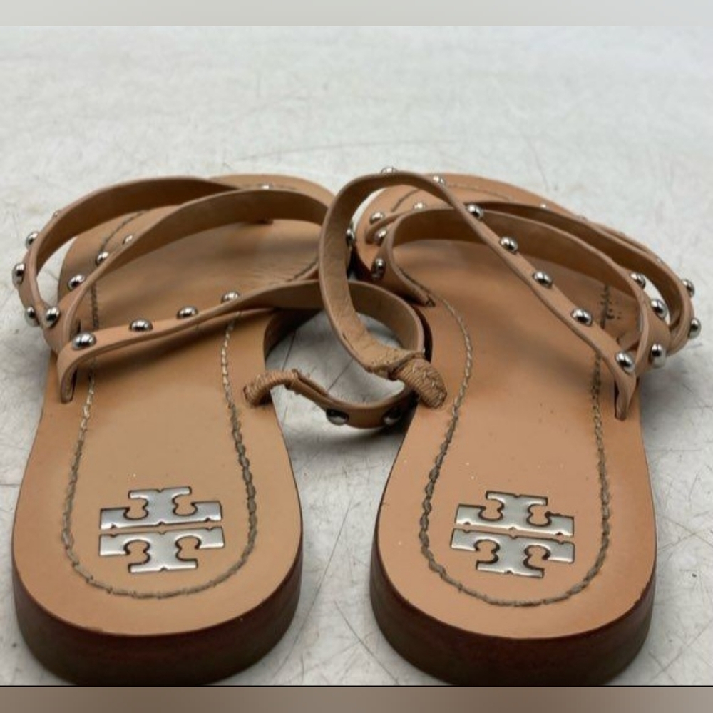 Tory Burch Designer Patos Tan Studded Strappy Calf Leather Thong Sandals 9.5 - Picture 6 of 8